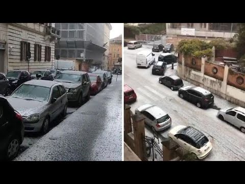 Roma, violenta grandinata imbianca le stade della Capitale