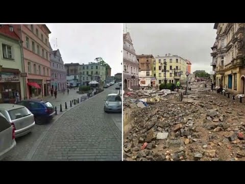 Una foto scattata prima e dopo l’alluvione mostra i devastanti effetti delle inondazioni in Polonia